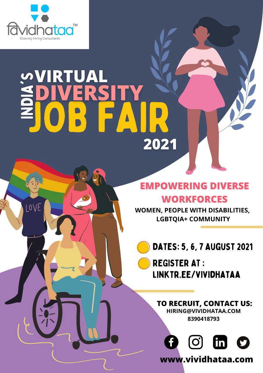 Launch Poster showing Women, PwD and LGBTQ+ Community: Click here to Register : Indias Virtual Diversity Job Fair 2021 - By Vividhataa , Dates 5,6,7th Aug , Click the image register as a candidate