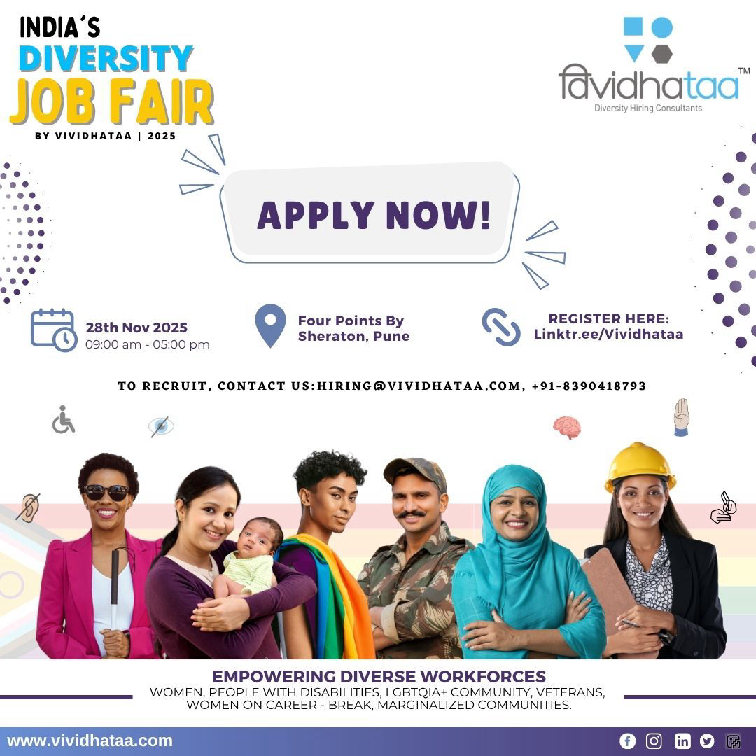 Launch Poster showing Women, PwD and LGBTQ+ Community, Returning Mothers, Veterans, Other Minorities: Click here to Register : India's Virtual Diversity Job Fair 2023 - By Vividhataa , Dates 12th,13th May , Click the image register as a Candidate or Employer or click on : linktr.ee/vividhataa . Image Description: The image is a promotional poster for India's Diversity Job Fair 2025 - By Vividhataa 