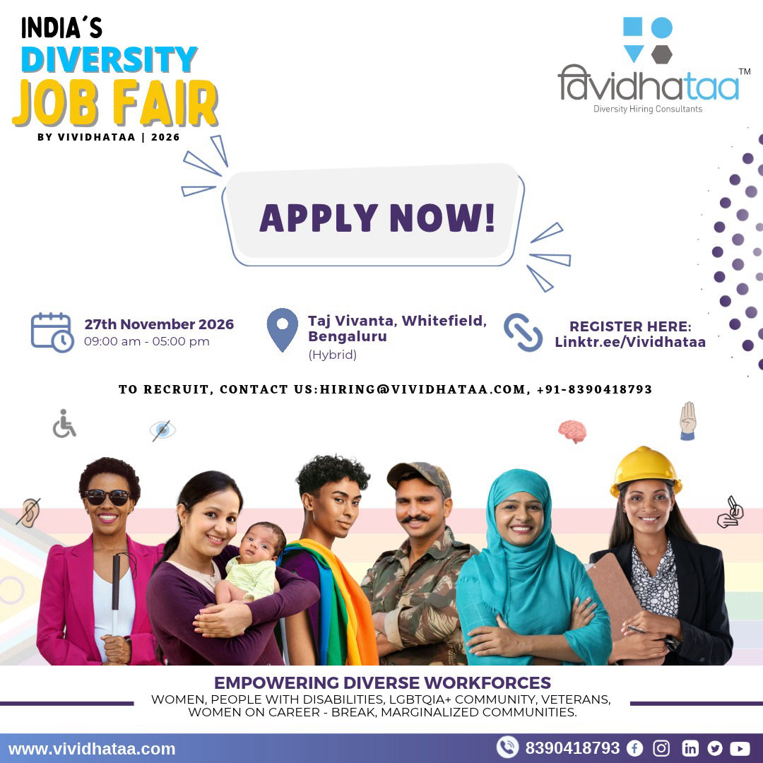 Launch Poster showing Women, PwD and LGBTQ+ Community, Returning Mothers, Veterans, Other Minorities: Click here to Register : India's Virtual Diversity Job Fair 2023 - By Vividhataa , Dates 12th,13th May , Click the image register as a Candidate or Employer or click on : linktr.ee/vividhataa . Image Description: The image is a promotional poster for India's Diversity Job Fair 2025 - By Vividhataa 