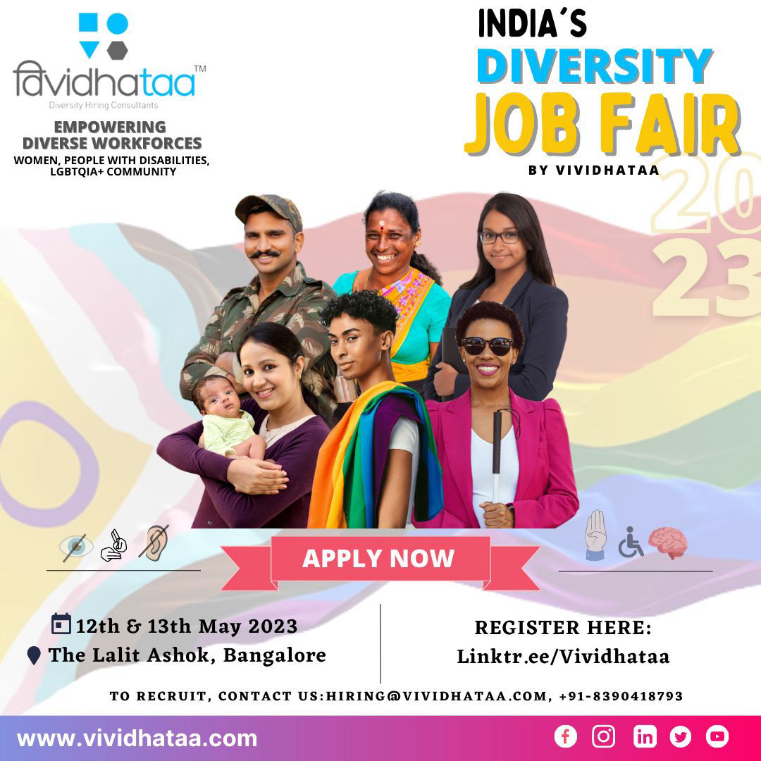 Launch Poster showing Women, PwD and LGBTQ+ Community, Returning Mothers, Veterans, Other Minorities: Click here to Register : India's Virtual Diversity Job Fair 2023 - By Vividhataa , Dates 12th,13th May , Click the image register as a candidate