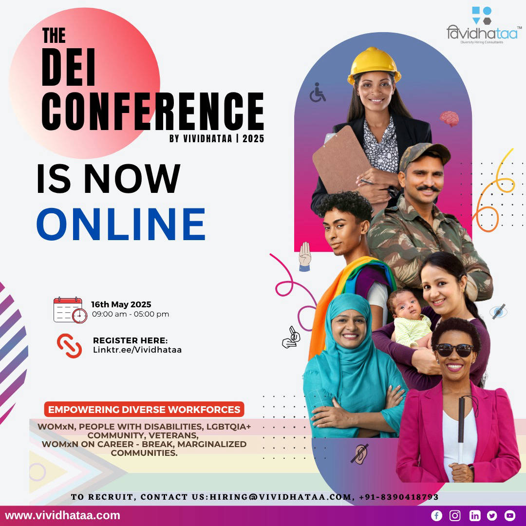 Launch Poster showing Women, PwD and LGBTQ+ Community, Returning Mothers, Veterans, Other Minorities: Click here to Register : India's Virtual Diversity Job Fair 2023 - By Vividhataa , Dates 12th,13th May , Click the image register as a Candidate or Employer or click on : linktr.ee/vividhataa . Image Description: The image is a promotional poster for India's Diversity Job Fair 2025 - By Vividhataa 